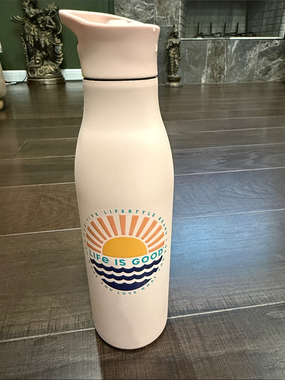 Life Is Good Pale Pink Insulated Bottle with Sunrise Graphic